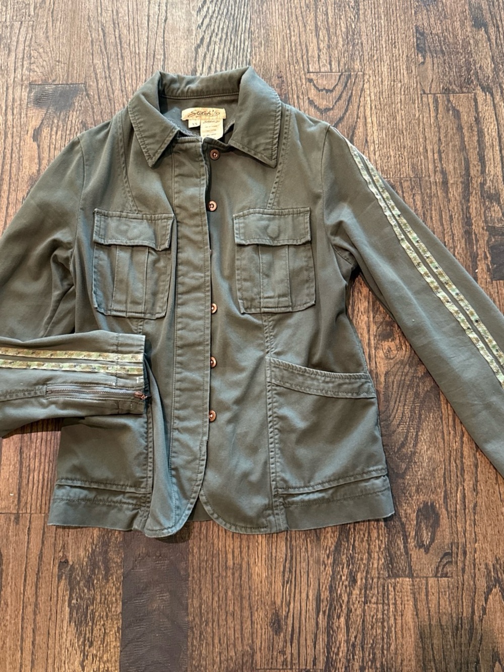 Anthropologie Olive Green Utility Jacket with Sleeve Stripe